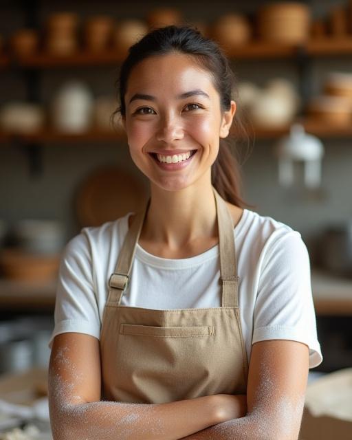The founder of Sands & Sugar smiling, with flour on her apron, in the bakery.