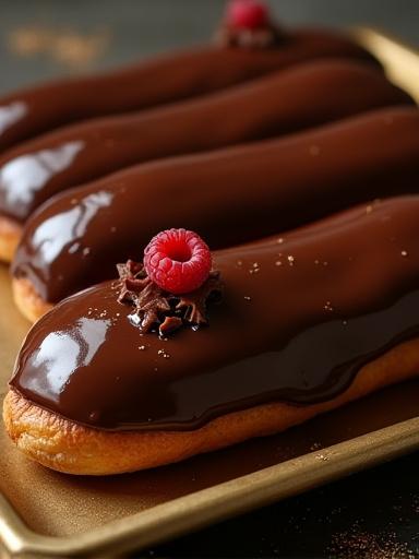 Perfectly glazed chocolate eclairs lined up on a tray.