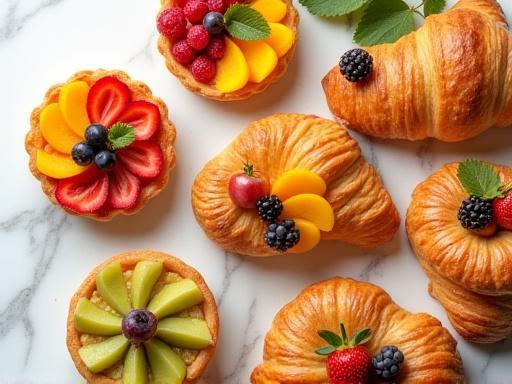 An assortment of colorful fruit tarts and flaky croissants.