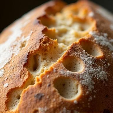 A close-up shot of the open and airy crumb structure of a sourdough loaf.