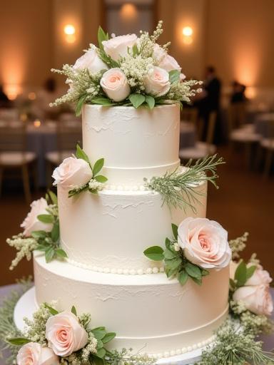 A stunning multi-tiered wedding cake adorned with fresh flowers.