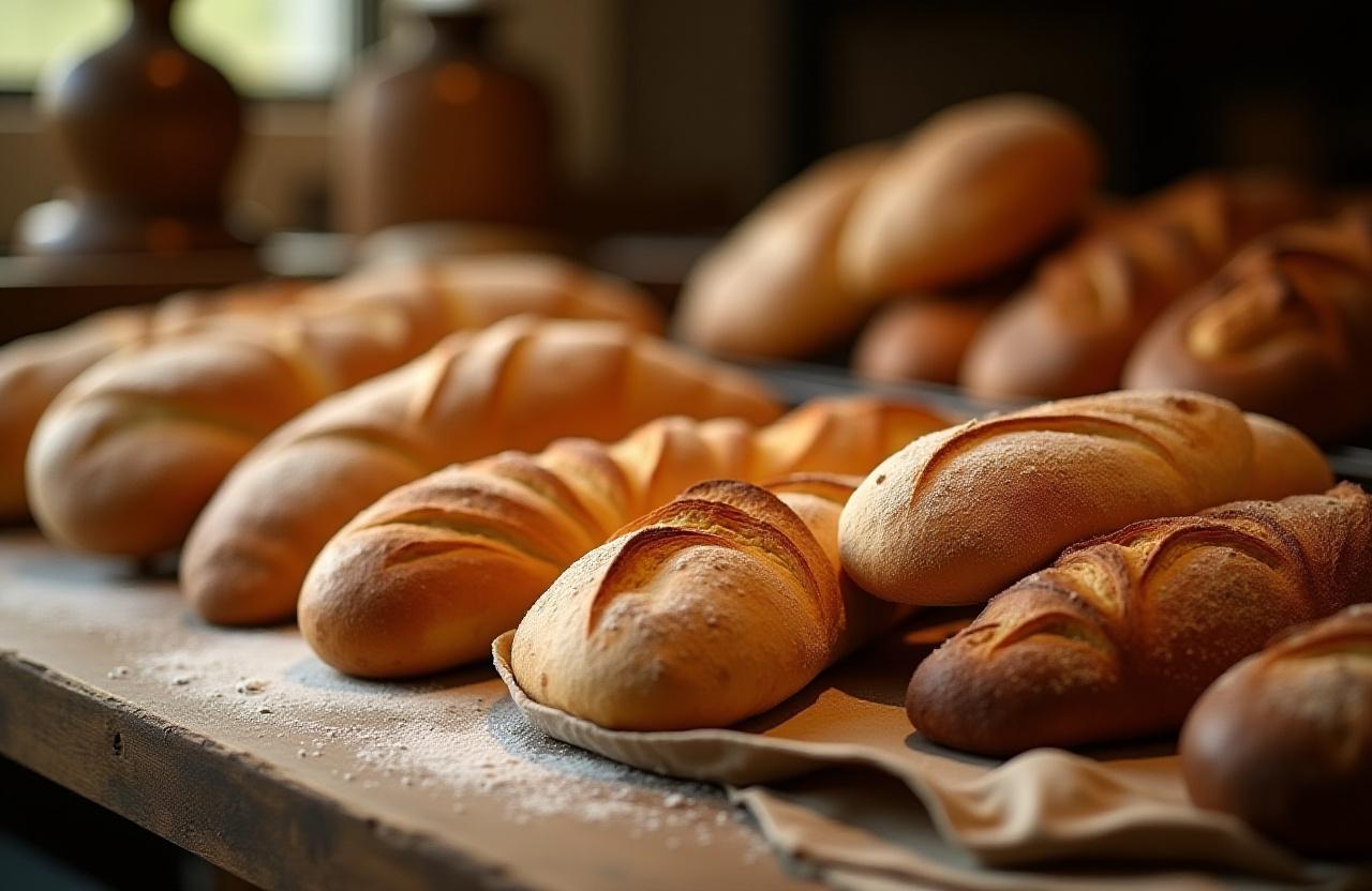 A beautiful spread of freshly baked artisan breads and pastries on a rustic wooden table.