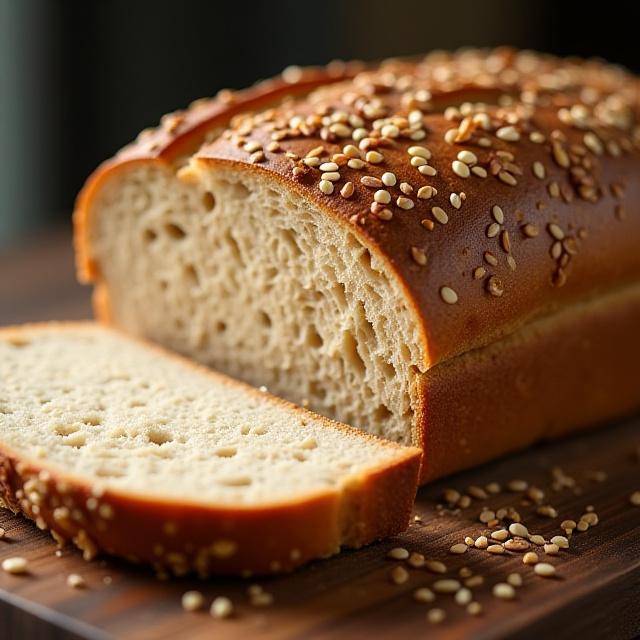 A freshly baked multigrain bread loaf, sliced.