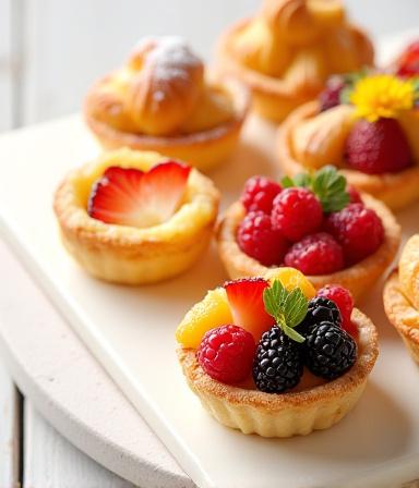 An assortment of delicate tarts and pastries.